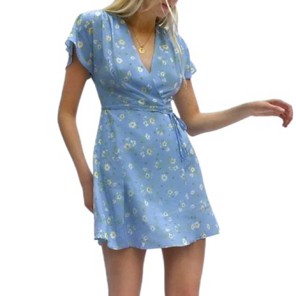 French Connection Diah Bella Blue Floral Print Wrap Tie Waist Mini Dress - 8